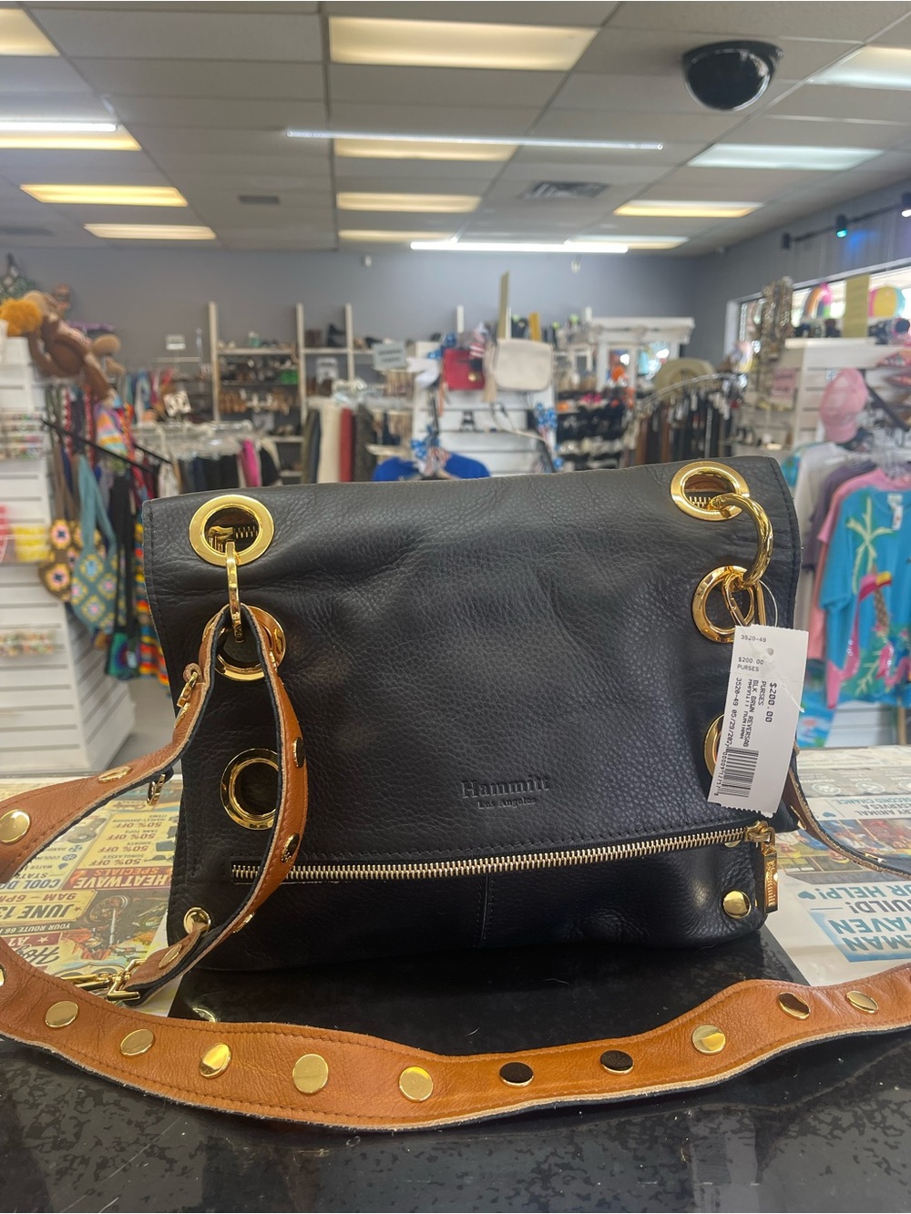 Hammitt Black Leather Shoulder Bag with Tan Studded Strap